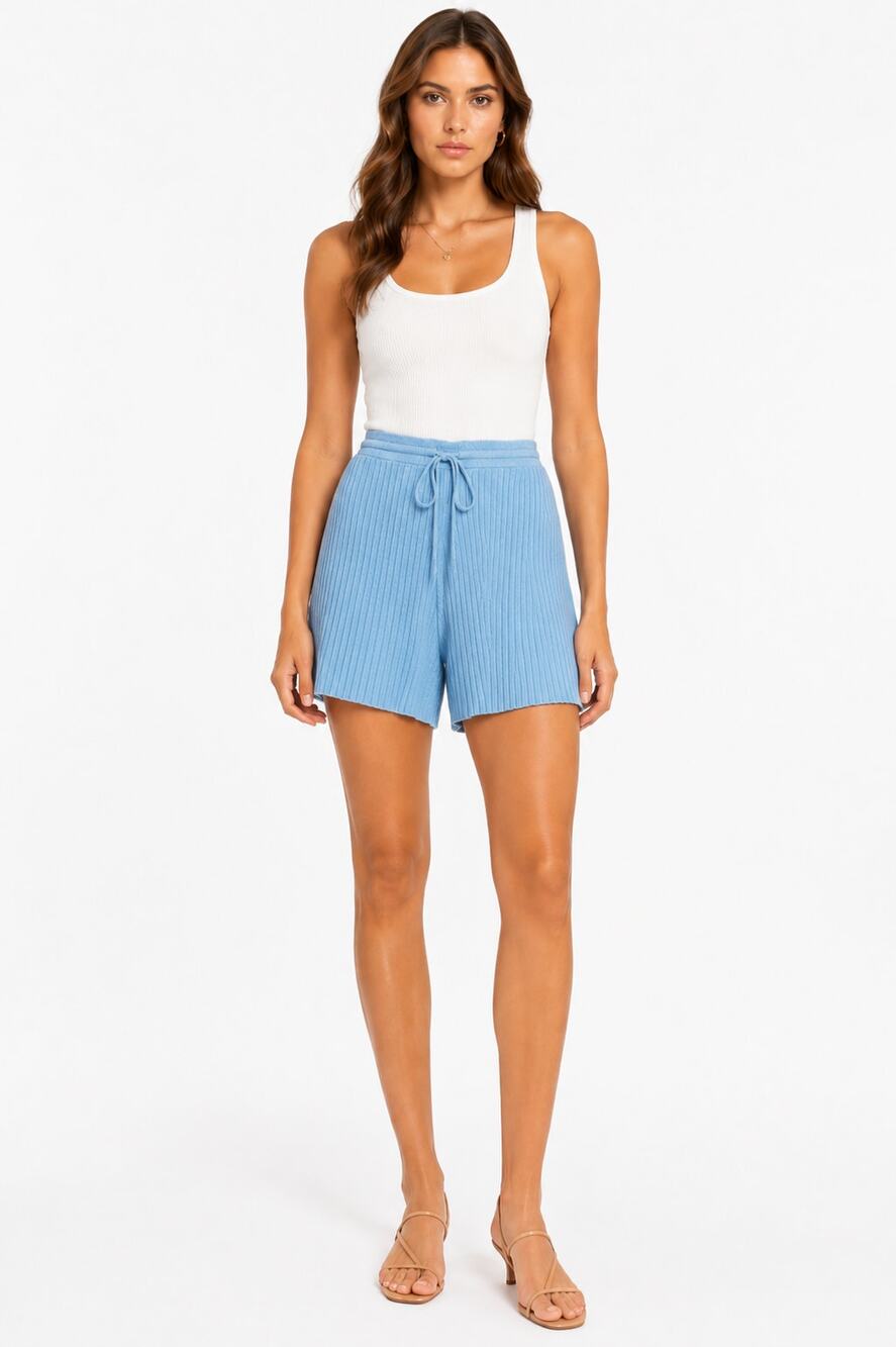 Nanushka Malena Ribbed Knit Drawstring Shorts Bright Blue Women's Size XS